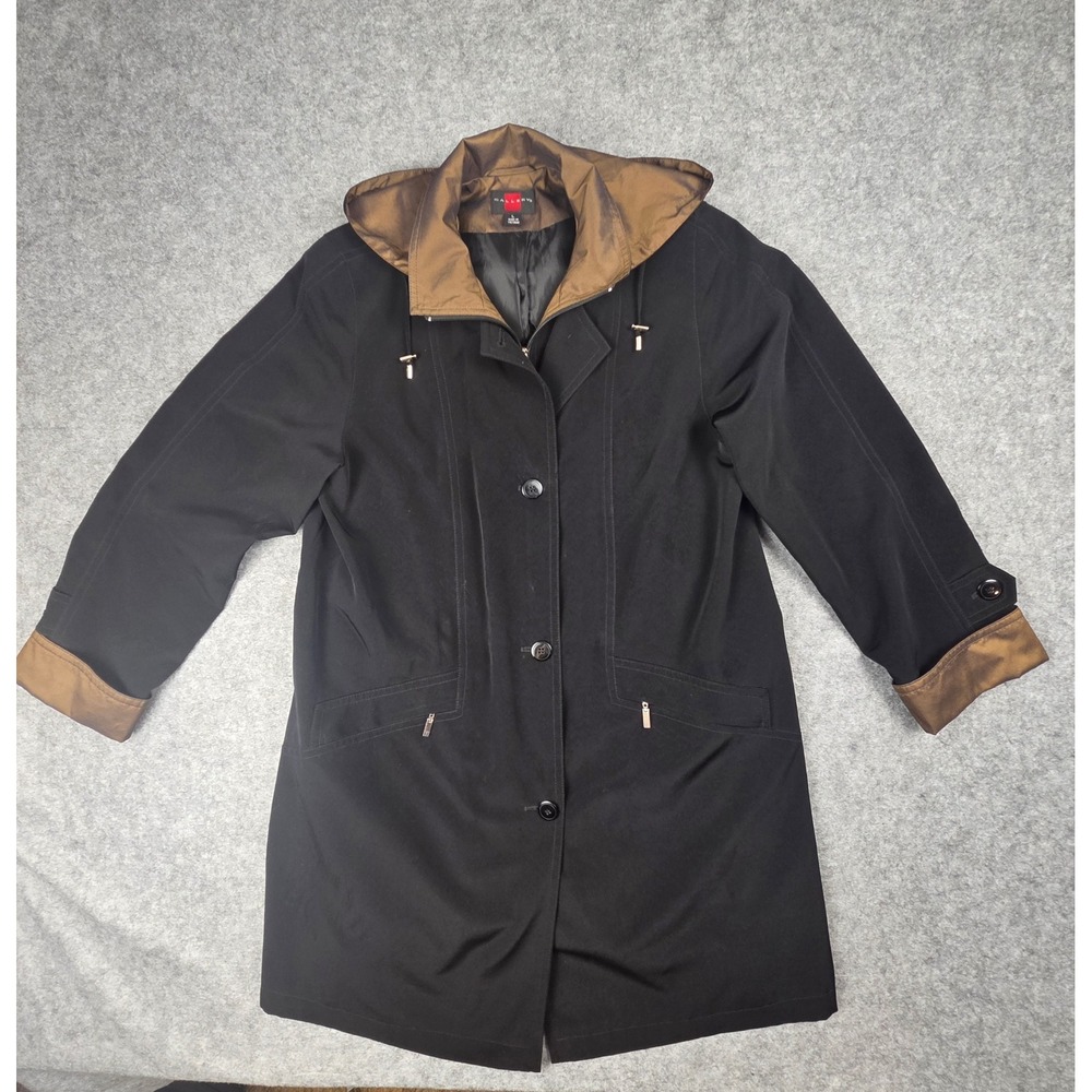 Gallery Womens Hooded Raincoat Black Bronze Iridescent Trim Size L RN 36232